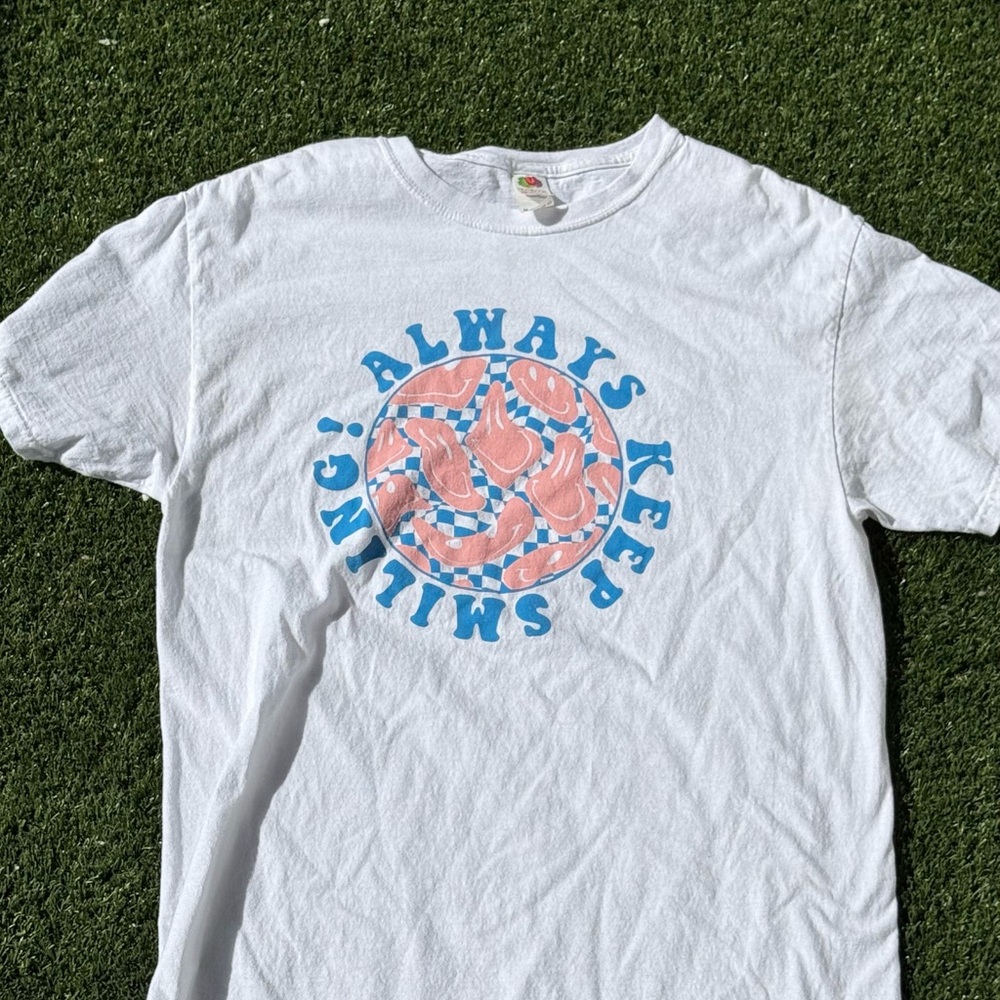 Fruit of the Loom White T-Shirt with Blue and Pink Graphic